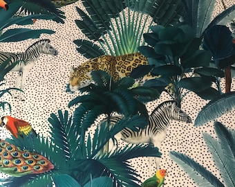 Tela Terciopelo Estampado Selva - Fondo Blanco