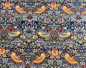 William Morris Strawberry Thief Fabric - Navy - 100% Cotton