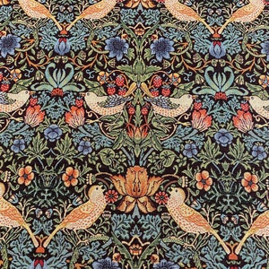 May include: A dark brown fabric with a repeating pattern of stylized birds, flowers, and leaves. The birds are white with yellow accents and are perched on branches. The flowers are blue, orange, and red. The leaves are green and brown.