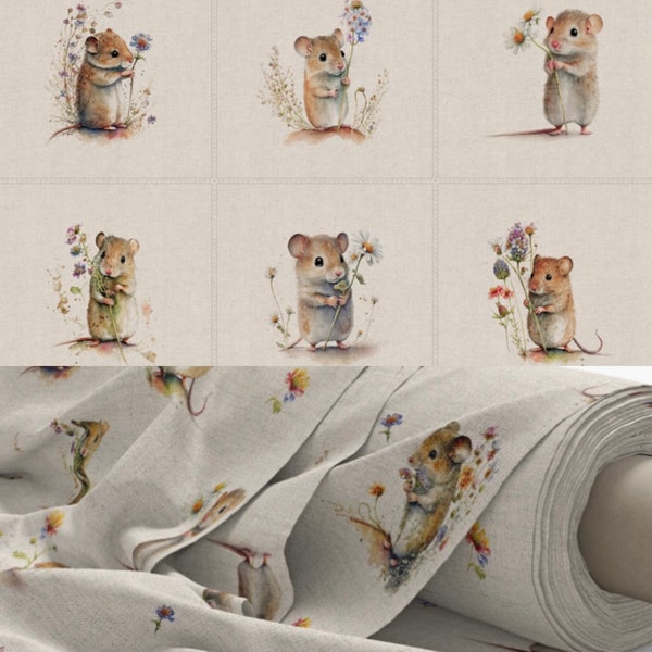 Adorable tissu souris des champs avec panneaux de coussin assortis - Aspect lin