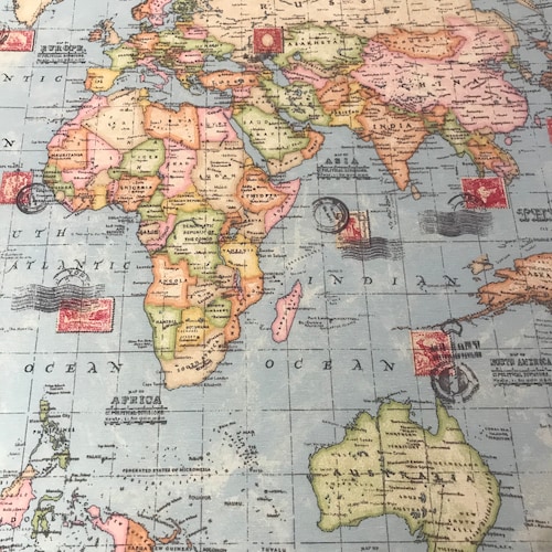 World Map Fabric Map Fabric World Fabric Blue Fabric Fat Etsy