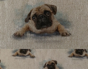 Pug Dog Fabric - Linen Look Digital Design with optional matching cushion panel