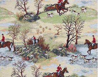Horse and hounds hunting scene tapestry fabric - by the metre