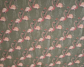 Pink Flamingo Panama Fabric - Grey Background