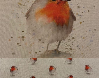 Christmas Robin Fabric - Linen Look