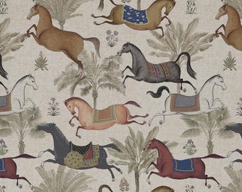Trojan Leaping Horses Linen Look Fabric - by the metre