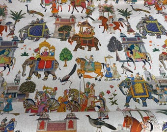 Agra Elephant and Temples Linen look fabric - by the metre