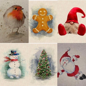 Könnte beinhalten: Aquarellillustrationen mit Weihnachtsmotiven. Dargestellt sind ein Rotkehlchen, ein Lebkuchenmann, ein Wichtel mit roter Mütze, ein Schneemann, ein geschmückter Weihnachtsbaum und der Weihnachtsmann. Festliche und farbenfrohe Darstellungen.