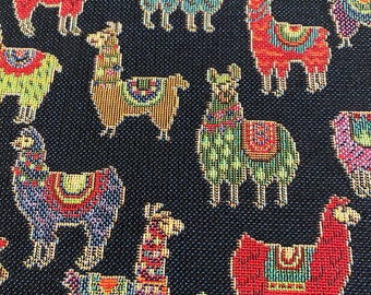 Mini Llama/Alpaca Woven Tapestry Fabric - Black background