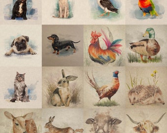 Cushion panels - Watercolour animal designs, Linen look