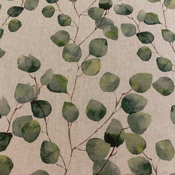 Green leaf watercolour print fabric - Linen look