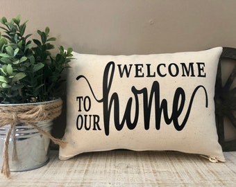 Small/ mini decorative accent pillow. “Welcome to our home” mini pillow. Accent pillow. Home decor.