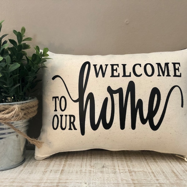 Small/ mini decorative accent pillow. “Welcome to our home” mini pillow. Accent pillow. Home decor.