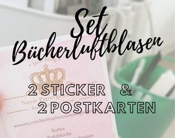 Produktset | Bücherluftblasen | 2 Postkarten, 2 Sticker | Aufkleber, Karten, Freunde, Briefe, Familie, Frauen, Laptop, Notizbuch, Geschenk