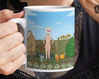 Naked Gardener - Cheeky Lady in Vegetable Garden, Funny Art Mugs - Funny Gardeneing Gift, Farmers Market Mug