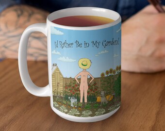I'd Rather Be in My Garden - Cheeky Gent in Veg Garden, Funny Art Mugs - Funny Gardeneing Gift, Farmers Market Mug, Gardener Humour