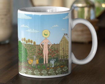 Naked Gardener - Cheeky Gent in Vegetable Garden, Farmers Market Themed Funny Art Mug