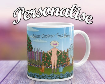 Custom Text - Lady in Flower Garden, Funny Art Mug, Funny Gardening Gift, Farmers Market Mug