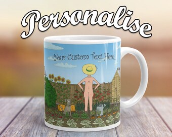 Custom Text - Funny Art Mug, Guy in Vegetable Garden, Funny Gardener Gift, Farmers Market Mug