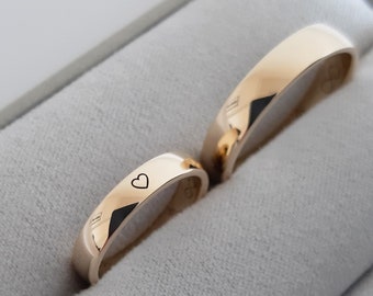 Name Wedding Bands, 14K Gold Rings, Personalized Wedding Bands, Heart Wedding Bands, Yellow Gold Rings, Wedding Band Set