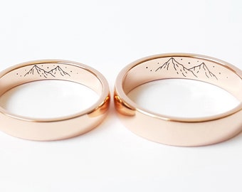 Mountain Wedding Bands, 14K Gold Wedding Bands, Personal Engraved Rings, Graphic Rings, Rose Gold Rings, Wedding Band Set