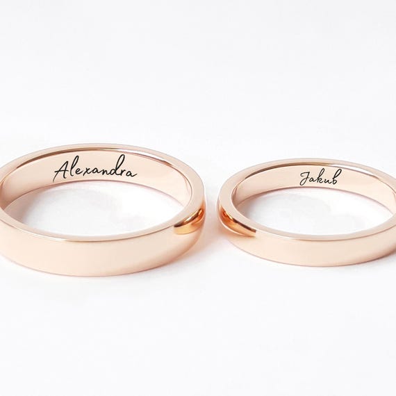 Engraved 14K Gold Wedding Band Set: Personalized Name Rings