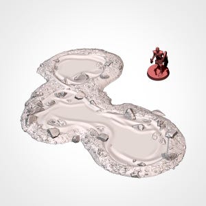 Op de afbeelding: Een wit resin tabletop gaming terrein stuk met twee verbonden waterpoelen met rotsachtige randen. Het terrein stuk is ontworpen voor gebruik met miniatuur figuren en role-playing games.
