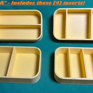 May include: Four rectangular light yellow plastic inserts with rounded corners, each featuring different internal divider configurations. The text SET "A" - Includes these [4] inserts! is displayed at the top of the image.