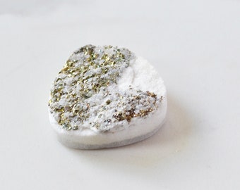White Quartz with Pyrite Round Cabochon, White and Gold Rough Cut Gemstone,  Sparkly Pyrite in White Quartz