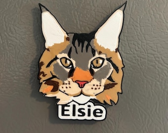 May include: A brown, gray, and white cat head with orange eyes and a pink nose. The cat's name, "Elsie", is written in white letters on a black background.