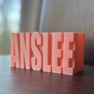 May include: A coral-coloured, 3D-printed block with the name "ANSLEE" in large, block letters. The letters are evenly spaced and stand upright, creating a personalised decorative item. The object is sitting on a dark wooden surface.