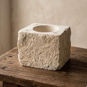 May include: A square-shaped stone planter with a rough, textured exterior surface in a light beige color. The top of the block features a smooth, circular opening carved into the center, contrasting with the jagged, natural edges of the stone.