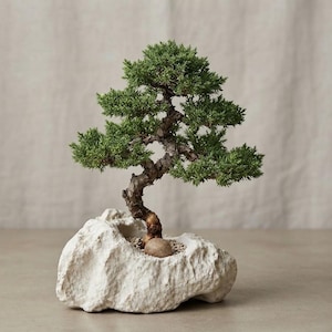 May include: A small evergreen bonsai tree with a textured, curved brown trunk and dense green foliage. The tree is planted in a white, rock-like ceramic container with a rough, uneven surface and a small smooth stone at the base.
