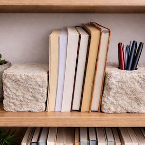 May include: A wooden bookshelf with books, pens, and small potted plants. The books are held between two stone bookends. The pens are in a stone holder. The plants are in small, decorative pots. The shelf is made of light-colored wood.