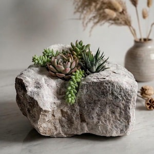 May include: A natural gray stone planter with a rough, textured surface containing a variety of small green and pinkish succulents. The stone has a hollowed-out center where the plants are nestled, featuring a mix of rosette and trailing shapes.