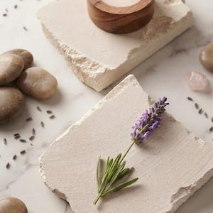 May include: Two square, rough-edged beige stone slabs. One slab holds a small, round wooden candle holder with a lit white tea light candle. The other slab features a single sprig of purple lavender. Several smooth, rounded brown river stones.