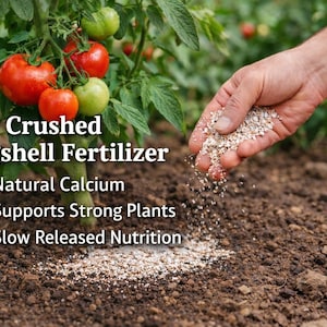 May include: A hand sprinkles crushed eggshell fertilizer onto soil near a tomato plant with ripe red and green tomatoes. The text reads "Crushed Eggshell Fertilizer" with benefits: Natural Calcium, Supports Strong Plants, and Slow Released Nutrition.