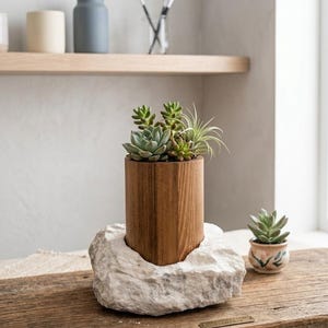Puede incluir: Una maceta de madera con acabado marrón claro, que contiene varias suculentas, se asienta sobre una base de piedra blanca tallada. A la derecha hay una pequeña suculenta en maceta, sobre una superficie de madera rústica.