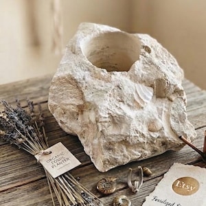 May include: A beige fossilized limestone planter with a rough, rock-like exterior and a smooth circular opening. Beside it lies a bundle of dried lavender with a tag reading Organic Fossil Planter, small spiral fossils, and a card labeled Etsy Fossilized Limestone Planter.