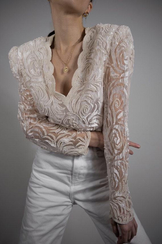 Vintage 80's Ivory Lace Beaded Top with Pearls