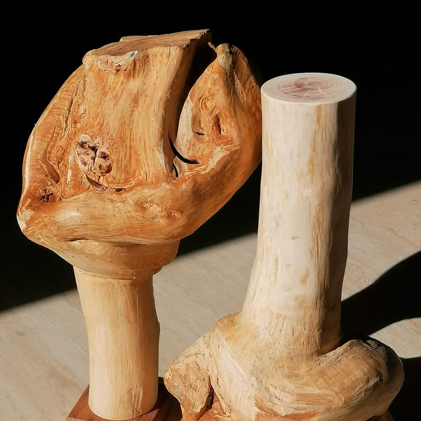 Holzkunst "Wolle und Bolle", Holzskulptur, Smiley aus Holz, Apfelbaumstamm, besonderes Geschenk