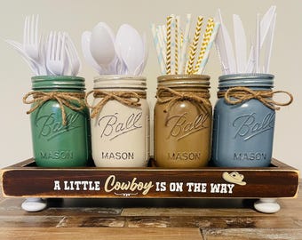 Little Cowboy Baby Shower Decor Mason Jar Utensil Holder Western Hat Wood Riser Centerpiece