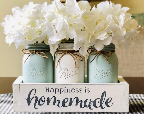 Happiness is Homemade, Tiffany Blue Decor, Floral Mason Jar Centerpiece, Sweet Rustic Farmhouse Box, Mason Jar Decor, Rustic Home Decor