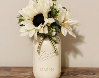 Cream Sunflower Jar, Fall Decor, Mason Jar with Flower, Mason Jar Decor, Mason Jar Centerpiece, Fall Floral Arrangement, Fall Wedding Table