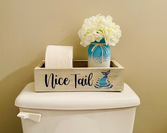 Coastal Mermaid Driftwood Bath Tray and Toilet Paper Holder for Girls Bathroom Decor