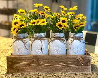 Sunflower Mason Jar Centerpiece: Distressed Wood Box, Farmhouse Decor