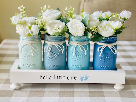 Baby Boy Shower Centerpiece, Baby Shower Decor, Boy Nursery Room Decor, Baby Shower Gift, Hello Little One Decor, Baby Shower Mason Jars