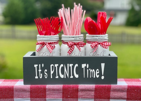 Rustic Mason Jar Utensil Holder - Red Gingham Farmhouse Table Caddy for Kitchen, Picnic, BBQ & Party Decor