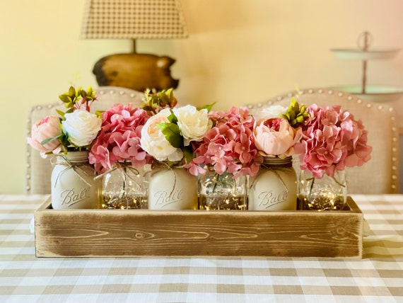 French Country Table Centerpiece, Spring Floral Arrangement, Mason Jar Centerpiece, Cottage Style Peony Arrangement, Wood Farmhouse Tray