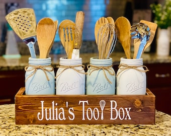 Personalized Kitchen Utensil Organizer for Mom or Her, Rustic Mason Jar Holder